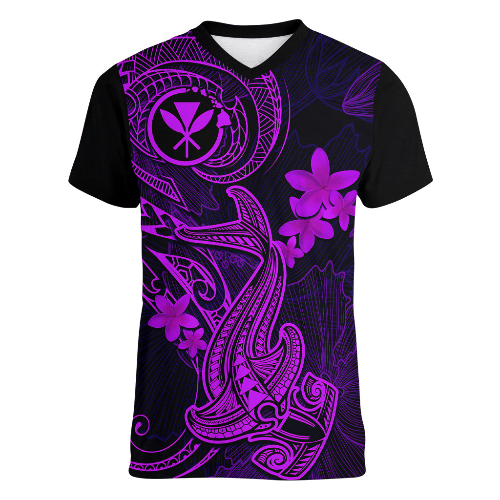 hawaii-women-v-neck-t-shirt-hammerhead-shark-tattoo-mix-polynesian-plumeria-purple-version