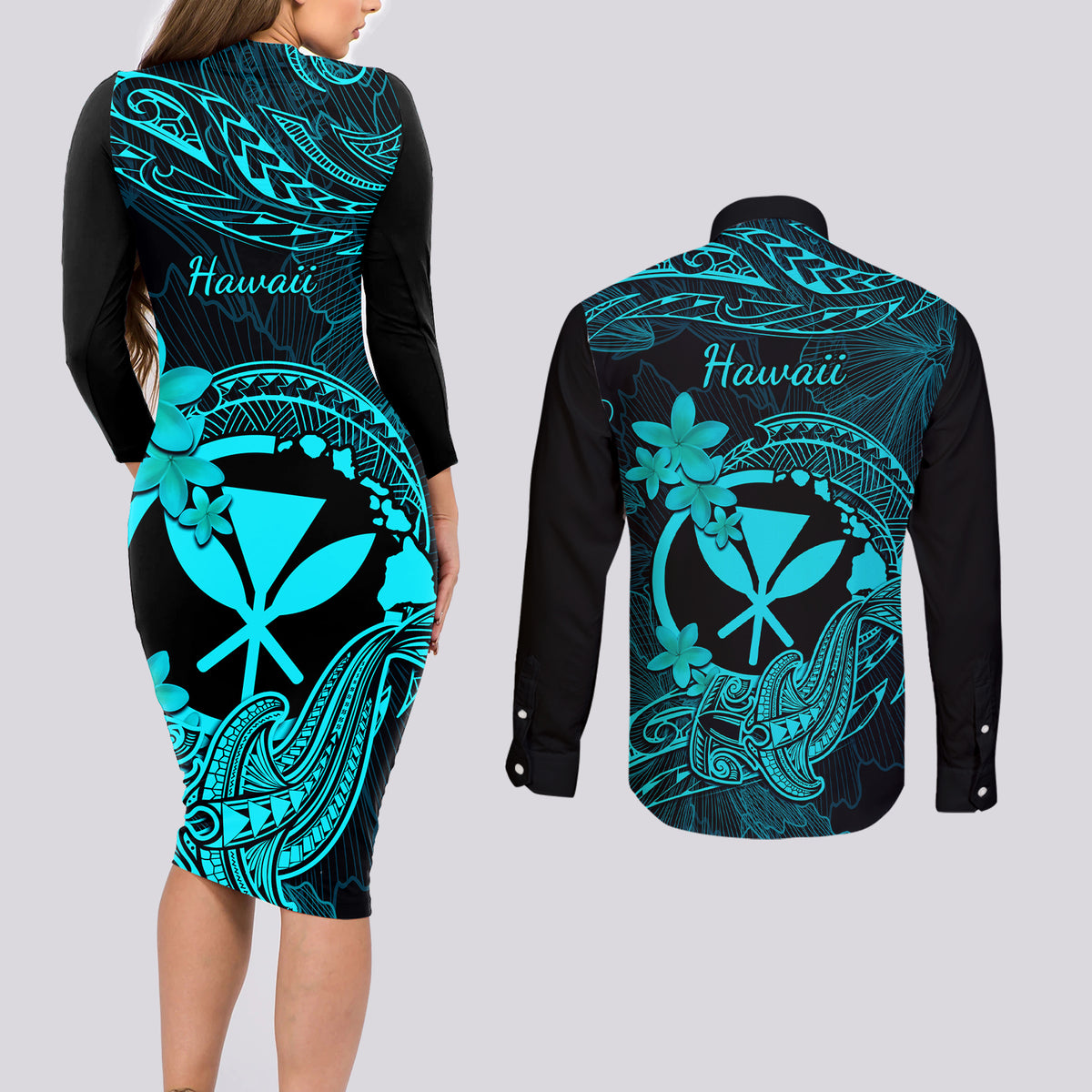 hawaii-couples-matching-long-sleeve-bodycon-dress-and-long-sleeve-button-shirts-hammerhead-shark-tattoo-mix-polynesian-plumeria-turquoise-version