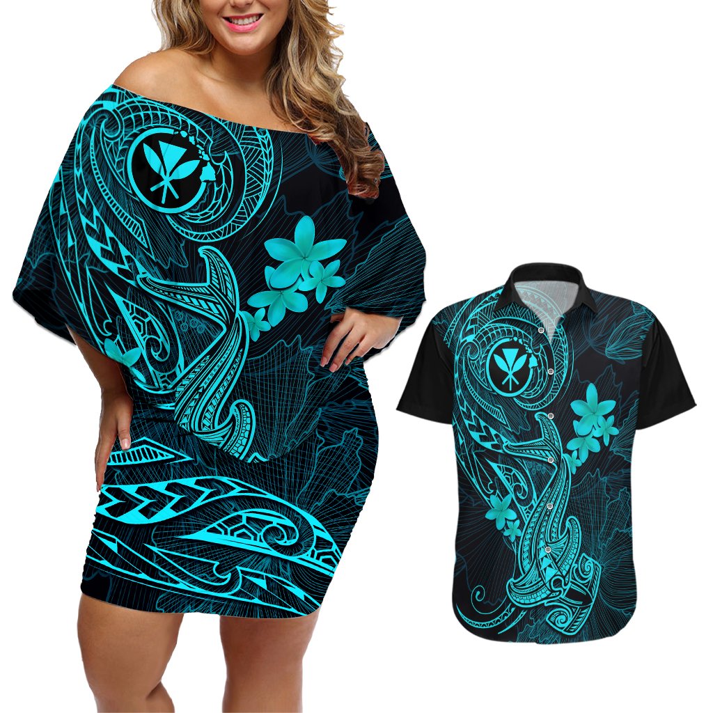 hawaii-couples-matching-off-shoulder-short-dress-and-hawaiian-shirt-hammerhead-shark-tattoo-mix-polynesian-plumeria-turquoise-version