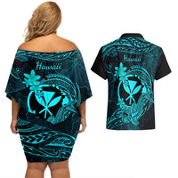 hawaii-couples-matching-off-shoulder-short-dress-and-hawaiian-shirt-hammerhead-shark-tattoo-mix-polynesian-plumeria-turquoise-version
