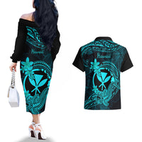 hawaii-couples-matching-off-the-shoulder-long-sleeve-dress-and-hawaiian-shirt-hammerhead-shark-tattoo-mix-polynesian-plumeria-turquoise-version