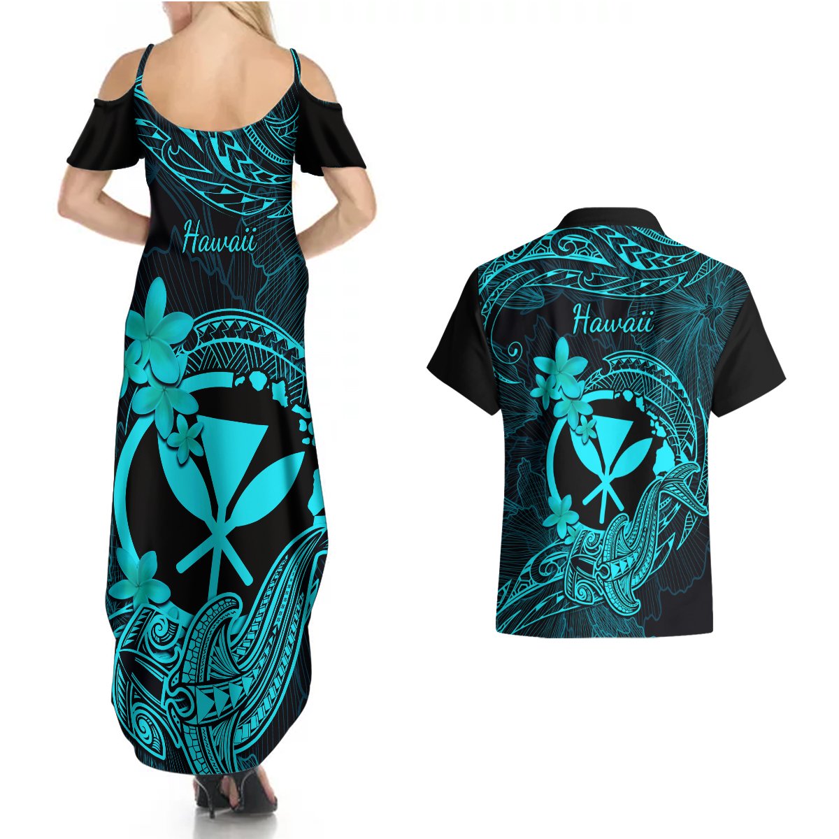 hawaii-couples-matching-summer-maxi-dress-and-hawaiian-shirt-hammerhead-shark-tattoo-mix-polynesian-plumeria-turquoise-version