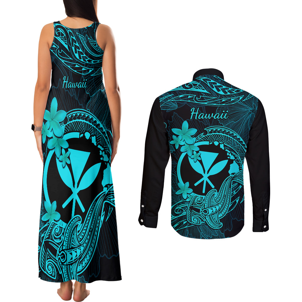 hawaii-couples-matching-tank-maxi-dress-and-long-sleeve-button-shirts-hammerhead-shark-tattoo-mix-polynesian-plumeria-turquoise-version