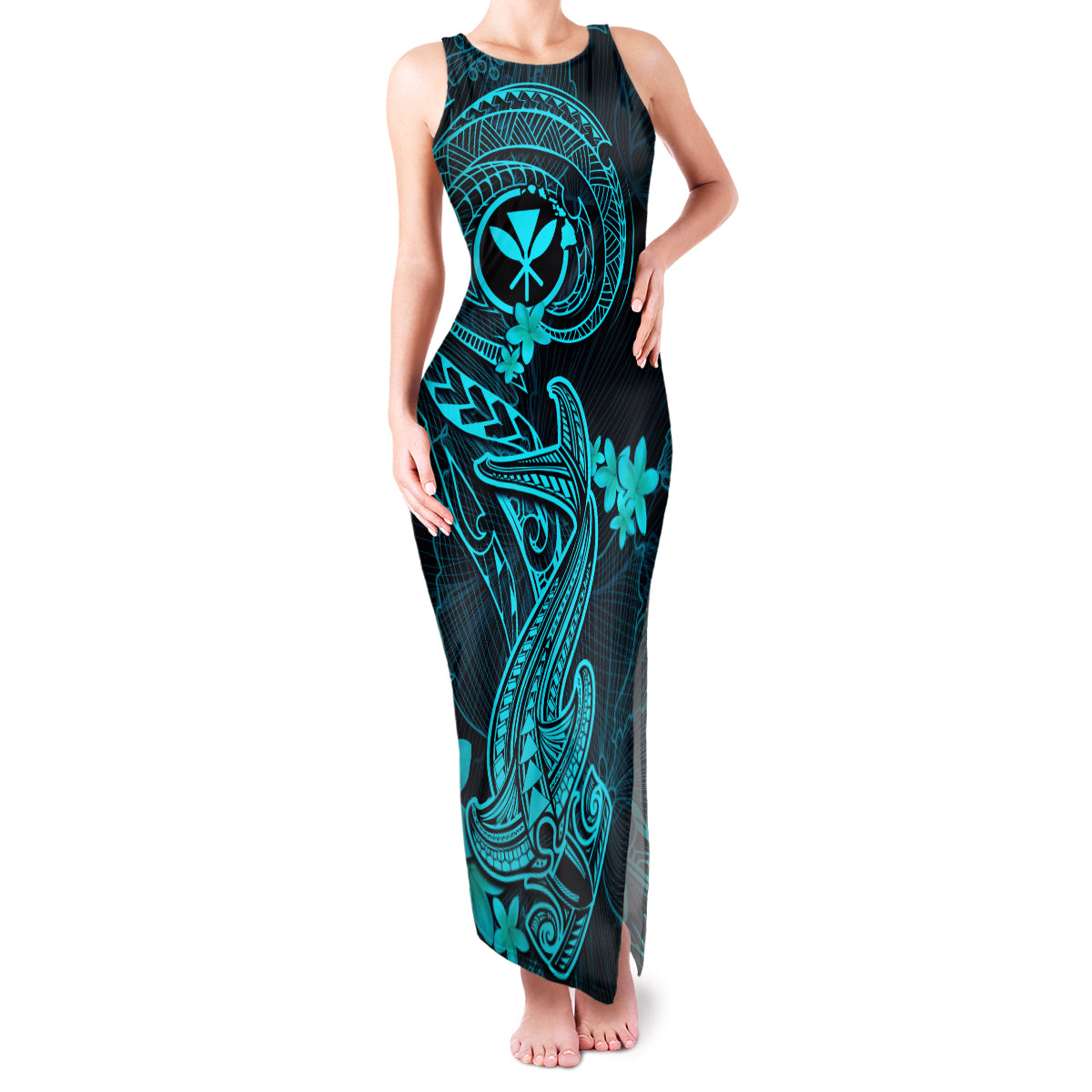 hawaii-family-matching-tank-maxi-dress-and-hawaiian-shirt-hammerhead-shark-tattoo-mix-polynesian-plumeria-turquoise-version