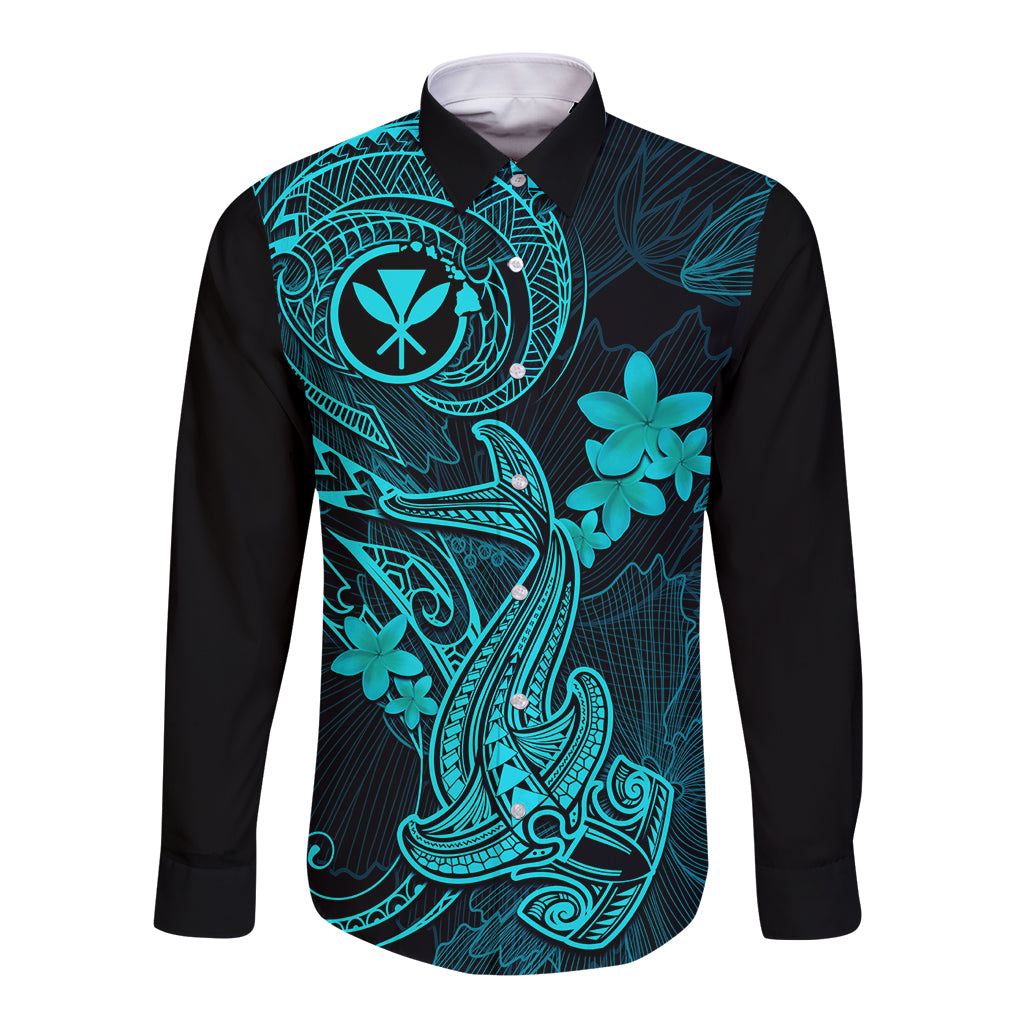 Hawaii Long Sleeve Button Shirt Hammerhead Shark Tattoo Mix Polynesian Plumeria Turquoise Version LT14 Unisex Turquoise - Polynesian Pride