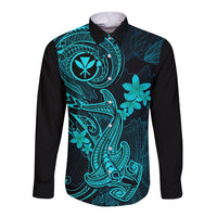 Hawaii Long Sleeve Button Shirt Hammerhead Shark Tattoo Mix Polynesian Plumeria Turquoise Version LT14 Unisex Turquoise - Polynesian Pride