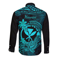 Hawaii Long Sleeve Button Shirt Hammerhead Shark Tattoo Mix Polynesian Plumeria Turquoise Version LT14 - Polynesian Pride