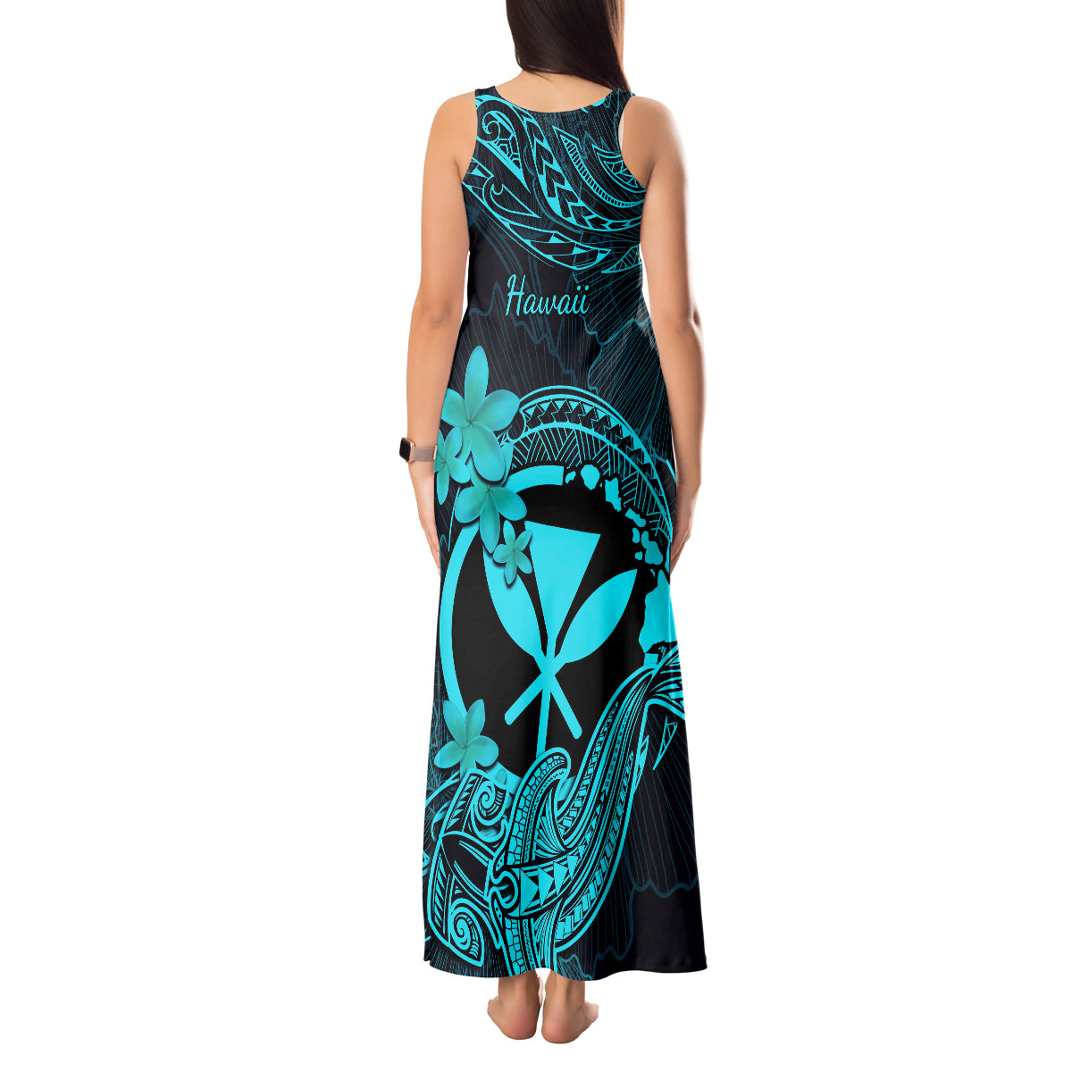 hawaii-tank-maxi-dress-hammerhead-shark-tattoo-mix-polynesian-plumeria-turquoise-version