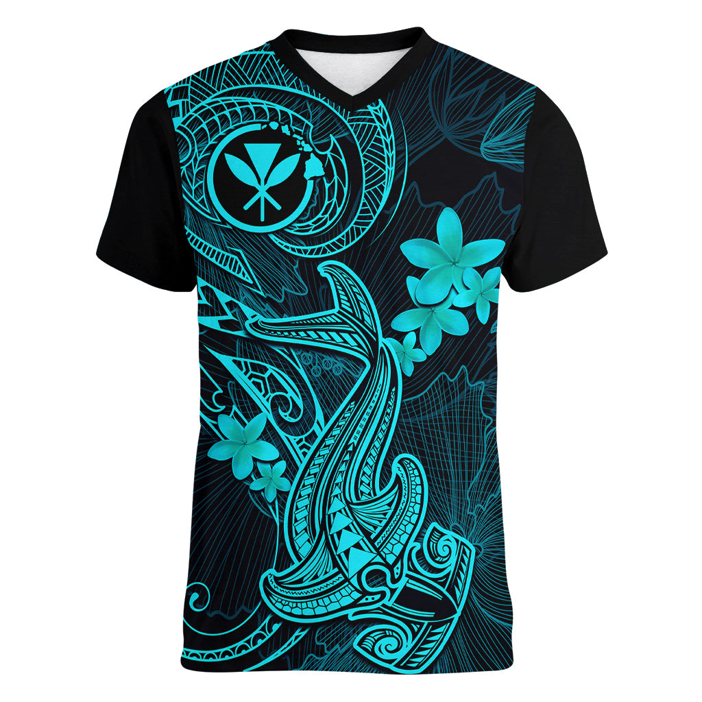 hawaii-women-v-neck-t-shirt-hammerhead-shark-tattoo-mix-polynesian-plumeria-turquoise-version