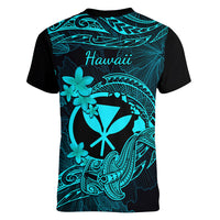 hawaii-women-v-neck-t-shirt-hammerhead-shark-tattoo-mix-polynesian-plumeria-turquoise-version