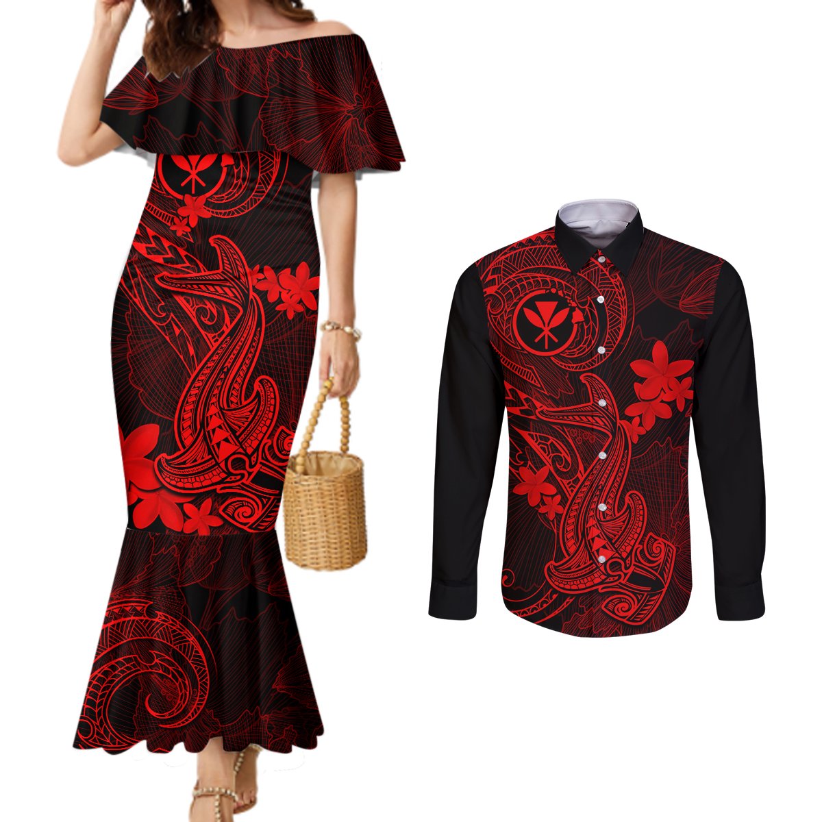 hawaii-couples-matching-mermaid-dress-and-long-sleeve-button-shirts-hammerhead-shark-tattoo-mix-polynesian-plumeria-red-version