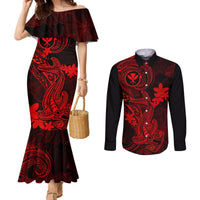 hawaii-couples-matching-mermaid-dress-and-long-sleeve-button-shirts-hammerhead-shark-tattoo-mix-polynesian-plumeria-red-version