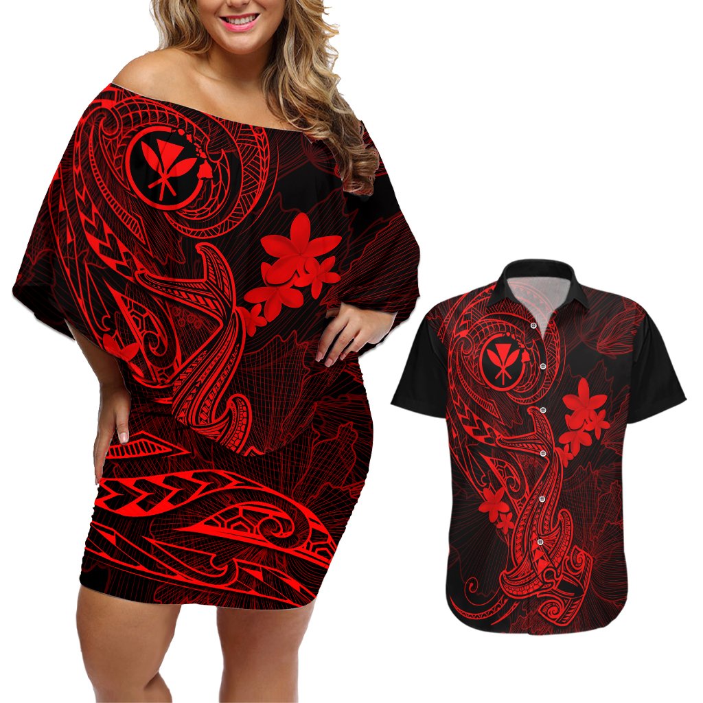 hawaii-couples-matching-off-shoulder-short-dress-and-hawaiian-shirt-hammerhead-shark-tattoo-mix-polynesian-plumeria-red-version