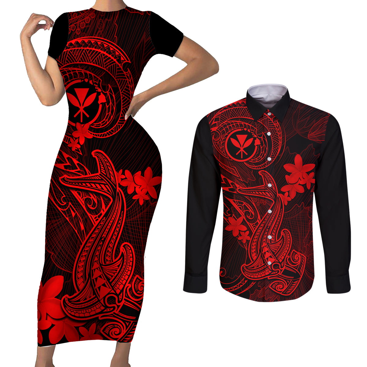 hawaii-couples-matching-short-sleeve-bodycon-dress-and-long-sleeve-button-shirts-hammerhead-shark-tattoo-mix-polynesian-plumeria-red-version