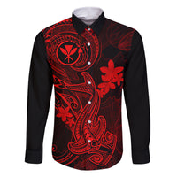 hawaii-family-matching-short-sleeve-bodycon-dress-and-hawaiian-shirt-hammerhead-shark-tattoo-mix-polynesian-plumeria-red-version