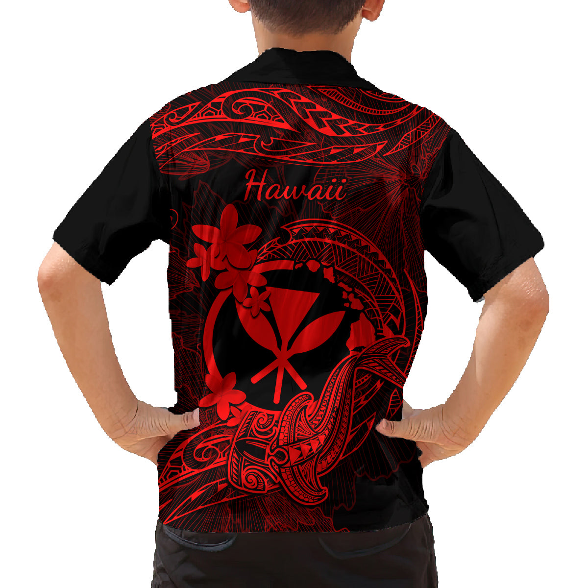 hawaii-kid-hawaiian-shirt-hammerhead-shark-tattoo-mix-polynesian-plumeria-red-version