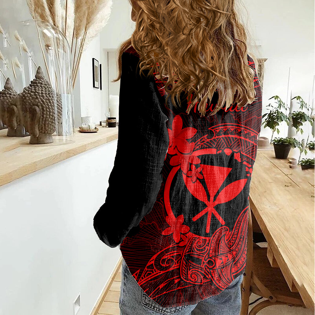 hawaii-women-casual-shirt-hammerhead-shark-tattoo-mix-polynesian-plumeria-red-version