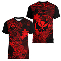 hawaii-women-v-neck-t-shirt-hammerhead-shark-tattoo-mix-polynesian-plumeria-red-version