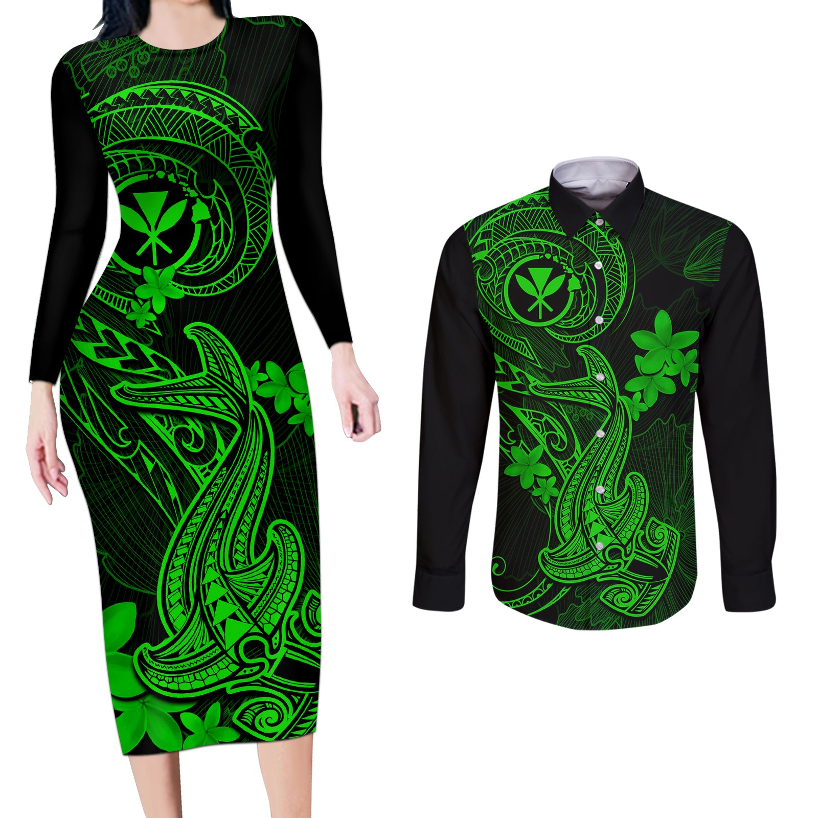 hawaii-couples-matching-long-sleeve-bodycon-dress-and-long-sleeve-button-shirts-hammerhead-shark-tattoo-mix-polynesian-plumeria-green-version