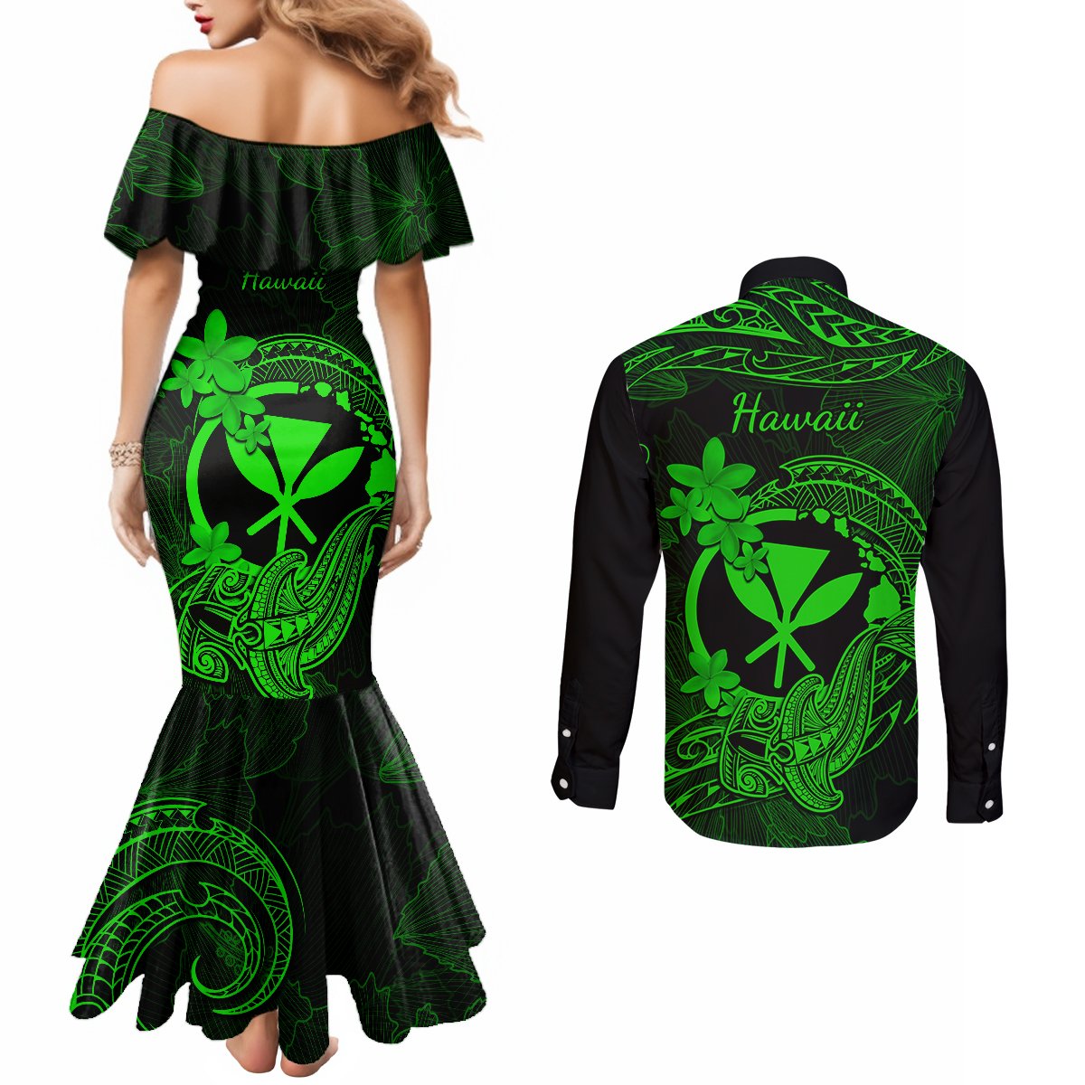 hawaii-couples-matching-mermaid-dress-and-long-sleeve-button-shirts-hammerhead-shark-tattoo-mix-polynesian-plumeria-green-version