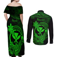hawaii-couples-matching-off-shoulder-maxi-dress-and-long-sleeve-button-shirts-hammerhead-shark-tattoo-mix-polynesian-plumeria-green-version