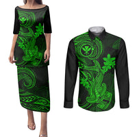 hawaii-couples-matching-puletasi-dress-and-long-sleeve-button-shirts-hammerhead-shark-tattoo-mix-polynesian-plumeria-green-version