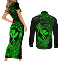 hawaii-couples-matching-short-sleeve-bodycon-dress-and-long-sleeve-button-shirts-hammerhead-shark-tattoo-mix-polynesian-plumeria-green-version