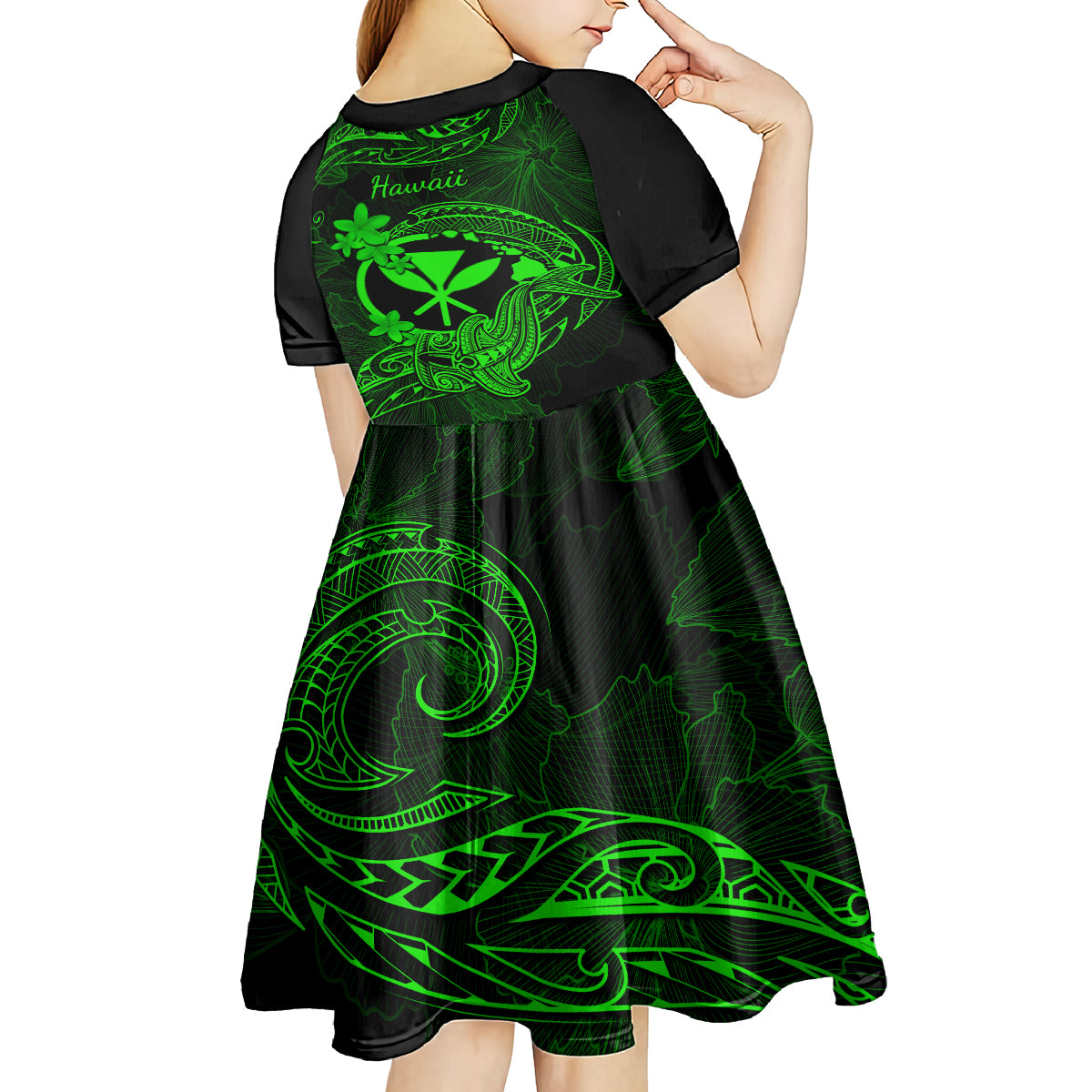 hawaii-kid-short-sleeve-dress-hammerhead-shark-tattoo-mix-polynesian-plumeria-green-version