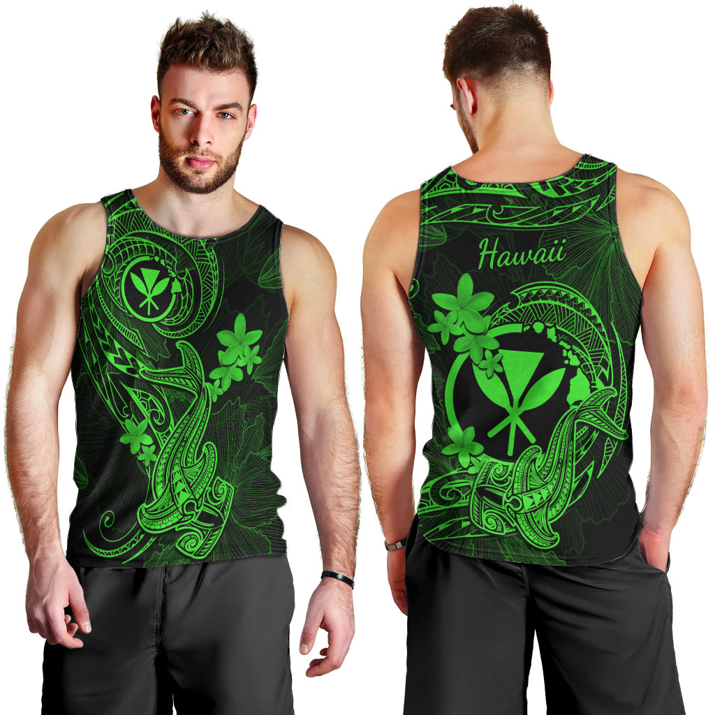 hawaii-men-tank-top-hammerhead-shark-tattoo-mix-polynesian-plumeria-green-version