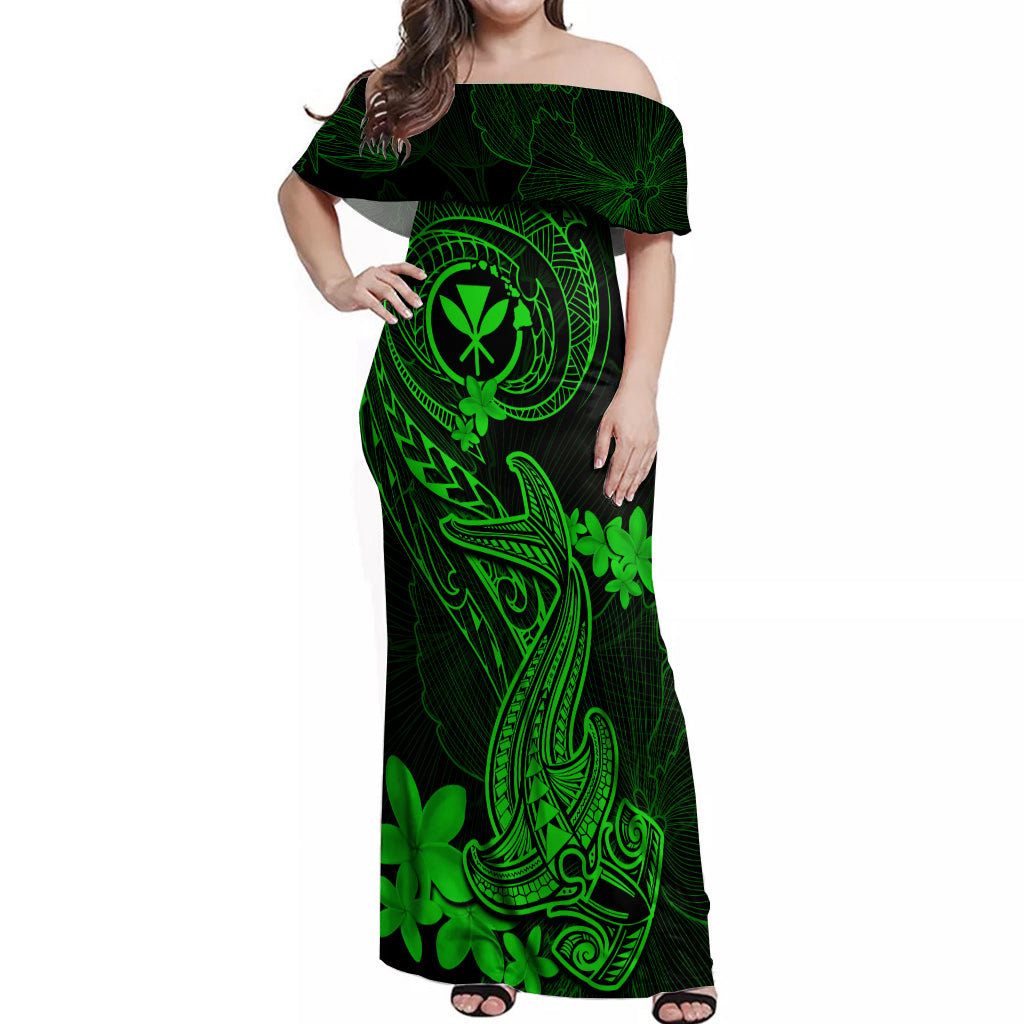 hawaii-off-shoulder-maxi-dress-hammerhead-shark-tattoo-mix-polynesian-plumeria-green-version