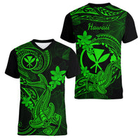 hawaii-women-v-neck-t-shirt-hammerhead-shark-tattoo-mix-polynesian-plumeria-green-version
