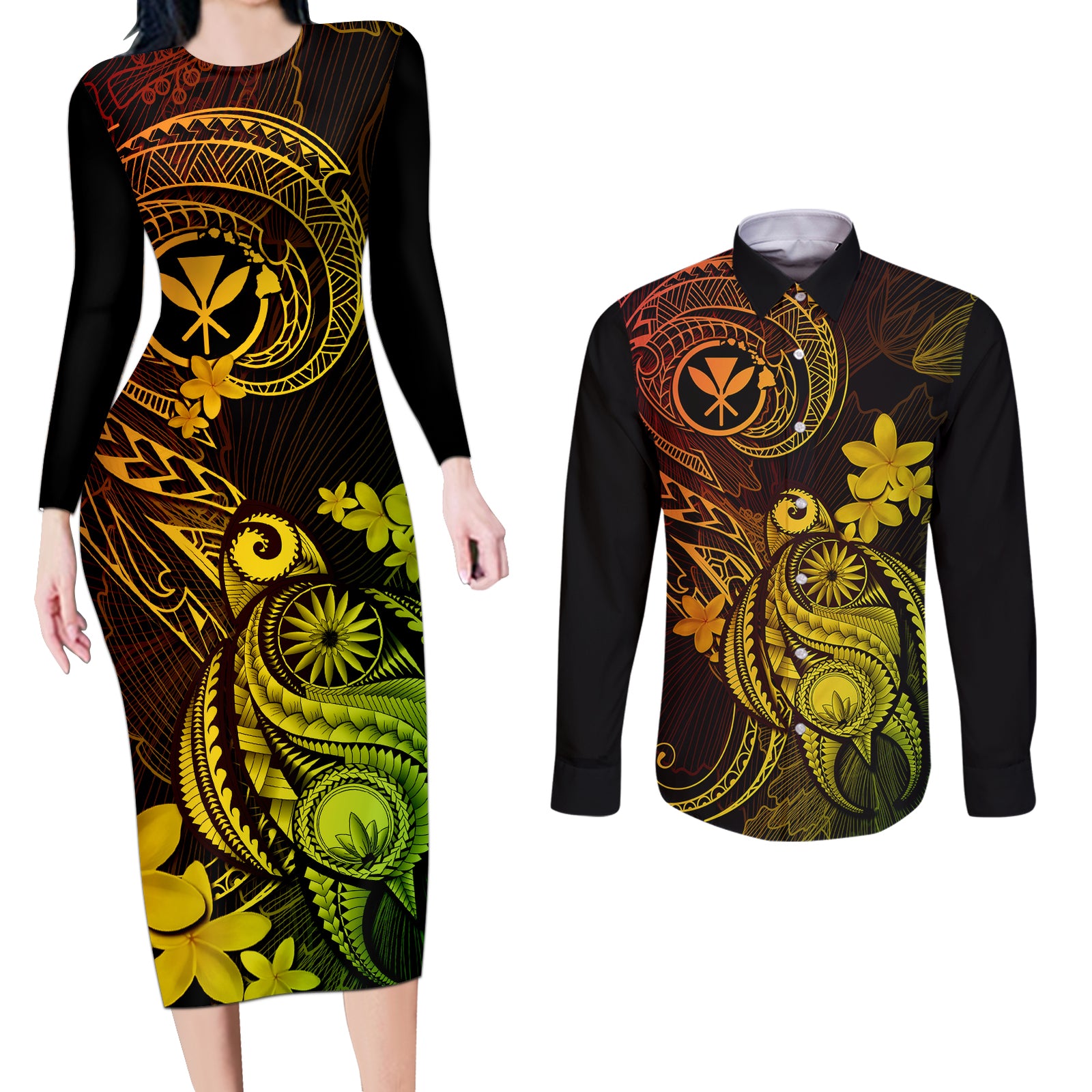 hawaii-couples-matching-long-sleeve-bodycon-dress-and-long-sleeve-button-shirts-turtle-mix-polynesian-plumeria-reggae-version