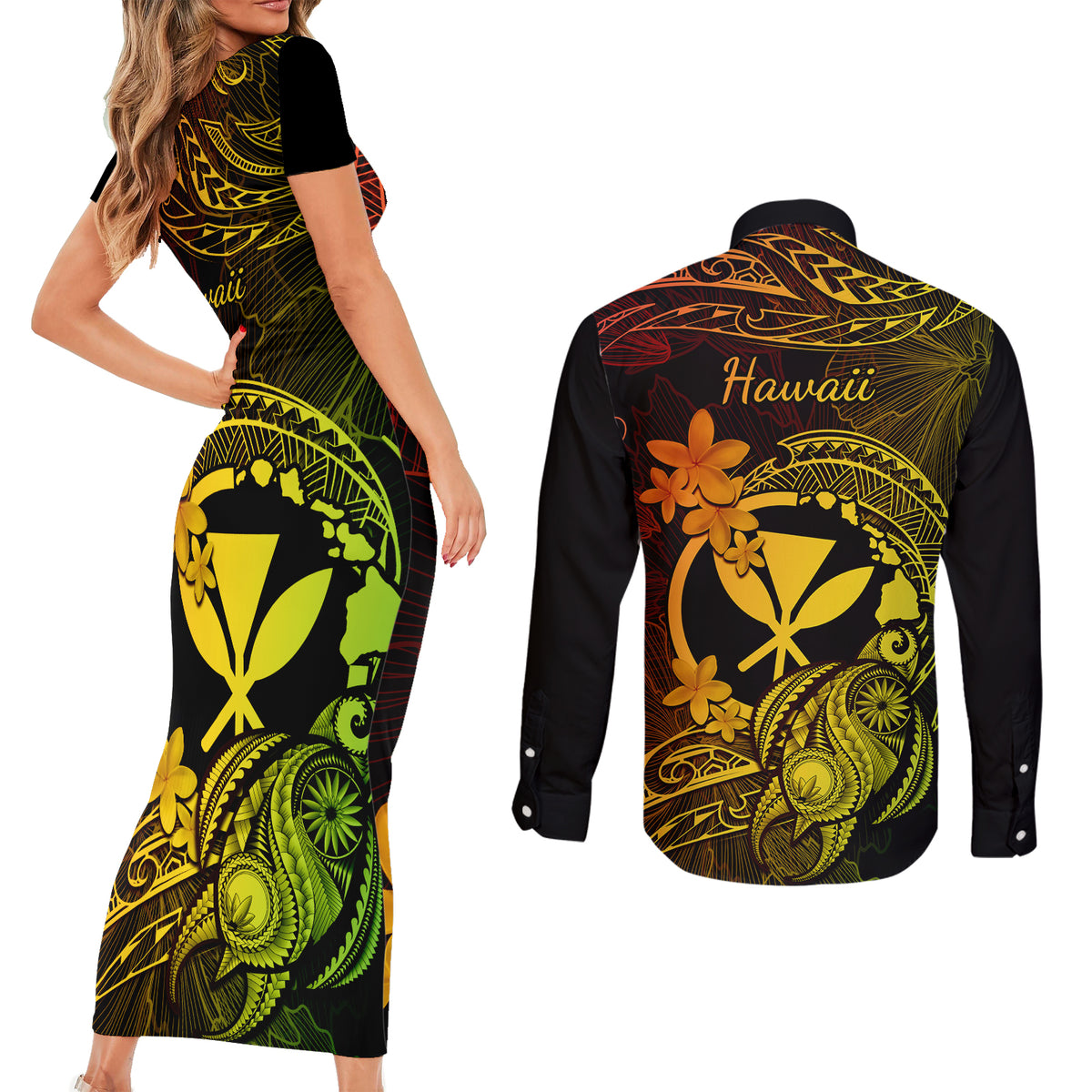 hawaii-couples-matching-short-sleeve-bodycon-dress-and-long-sleeve-button-shirts-turtle-mix-polynesian-plumeria-reggae-version