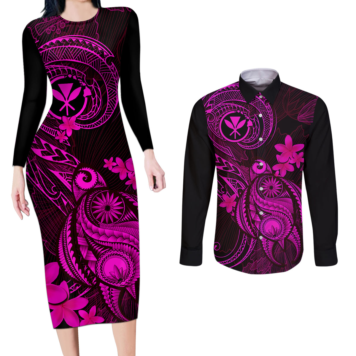 Hawaii Couples Matching Long Sleeve Bodycon Dress and Long Sleeve Button Shirts Turtle Mix Polynesian Plumeria Pink Version LT14 Pink - Polynesian Pride