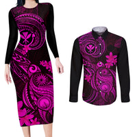 Hawaii Couples Matching Long Sleeve Bodycon Dress and Long Sleeve Button Shirts Turtle Mix Polynesian Plumeria Pink Version LT14 Pink - Polynesian Pride