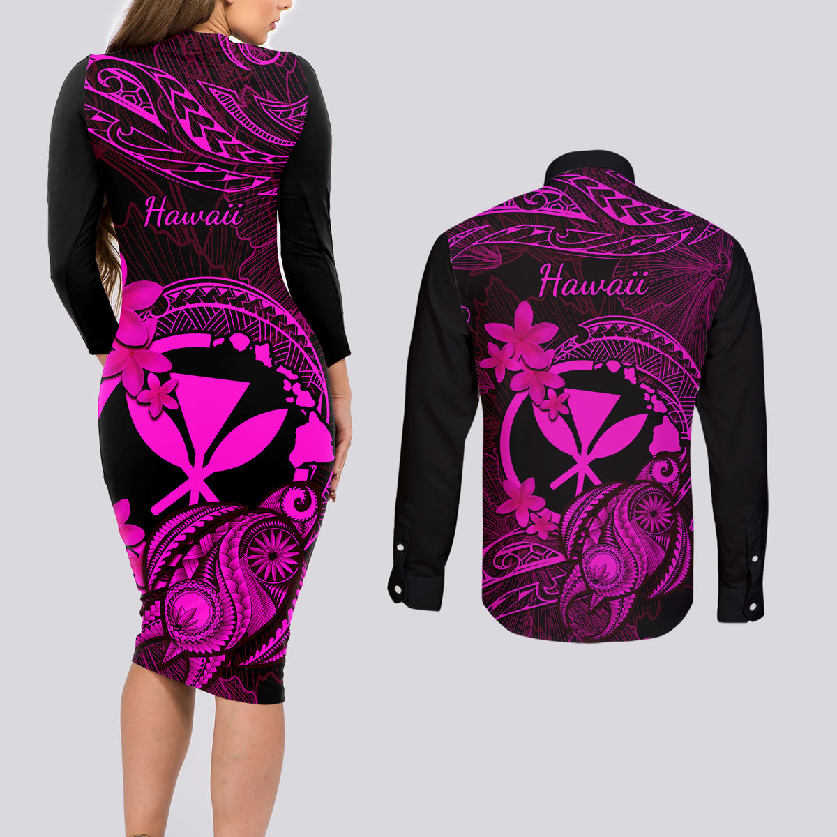 Hawaii Couples Matching Long Sleeve Bodycon Dress and Long Sleeve Button Shirts Turtle Mix Polynesian Plumeria Pink Version LT14 - Polynesian Pride