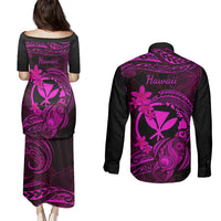 Hawaii Couples Matching Puletasi Dress and Long Sleeve Button Shirts Turtle Mix Polynesian Plumeria Pink Version LT14 - Polynesian Pride