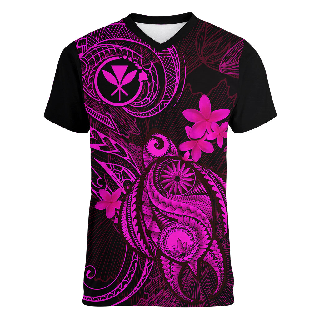 hawaii-women-v-neck-t-shirt-turtle-mix-polynesian-plumeria-pink-version