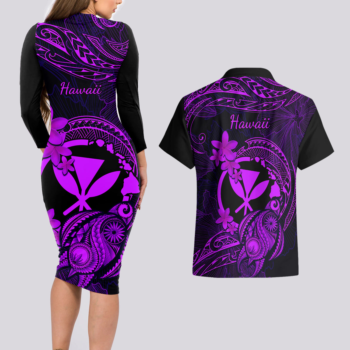 hawaii-couples-matching-long-sleeve-bodycon-dress-and-hawaiian-shirt-turtle-mix-polynesian-plumeria-purple-version