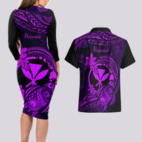 hawaii-couples-matching-long-sleeve-bodycon-dress-and-hawaiian-shirt-turtle-mix-polynesian-plumeria-purple-version