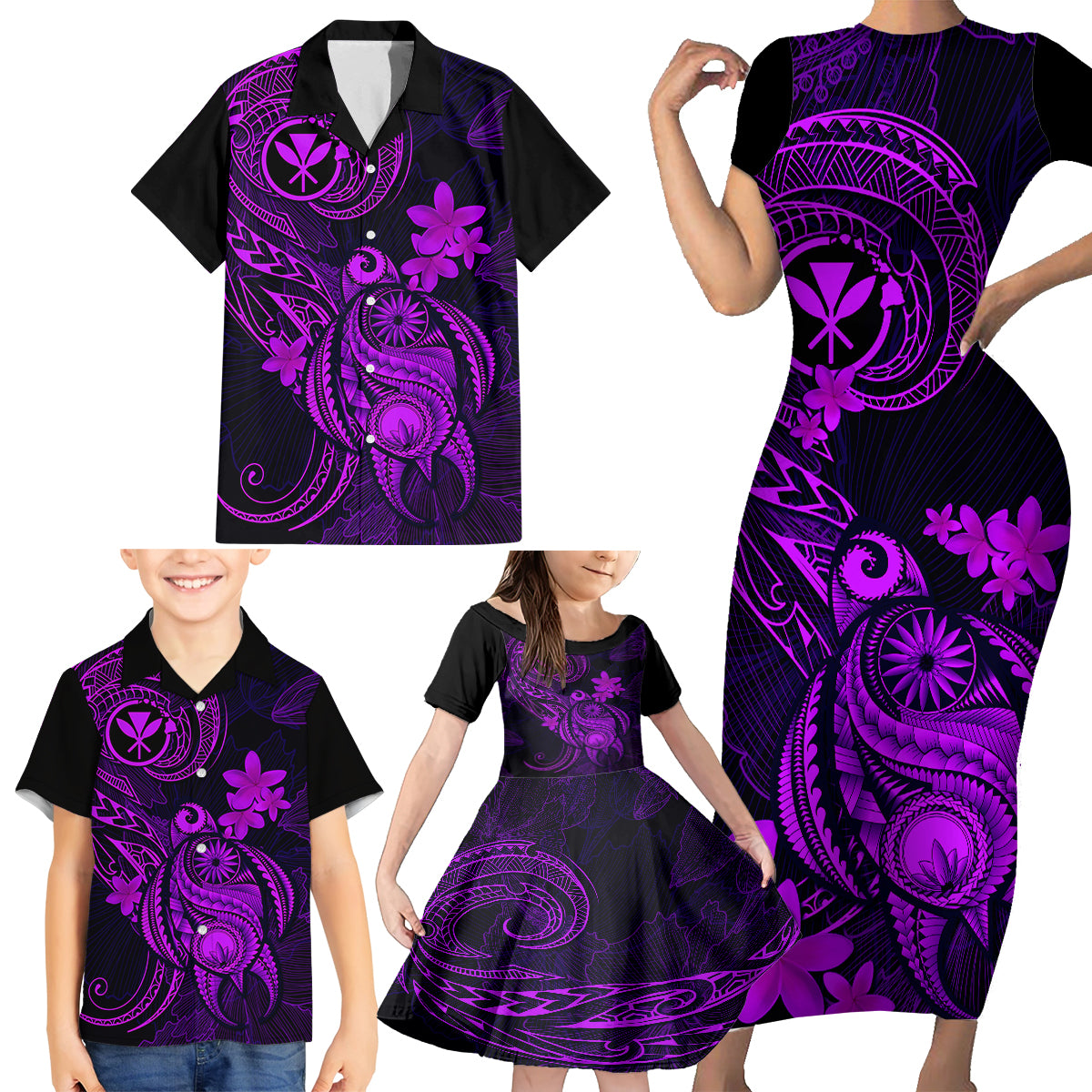 hawaii-family-matching-short-sleeve-bodycon-dress-and-hawaiian-shirt-turtle-mix-polynesian-plumeria-purple-version