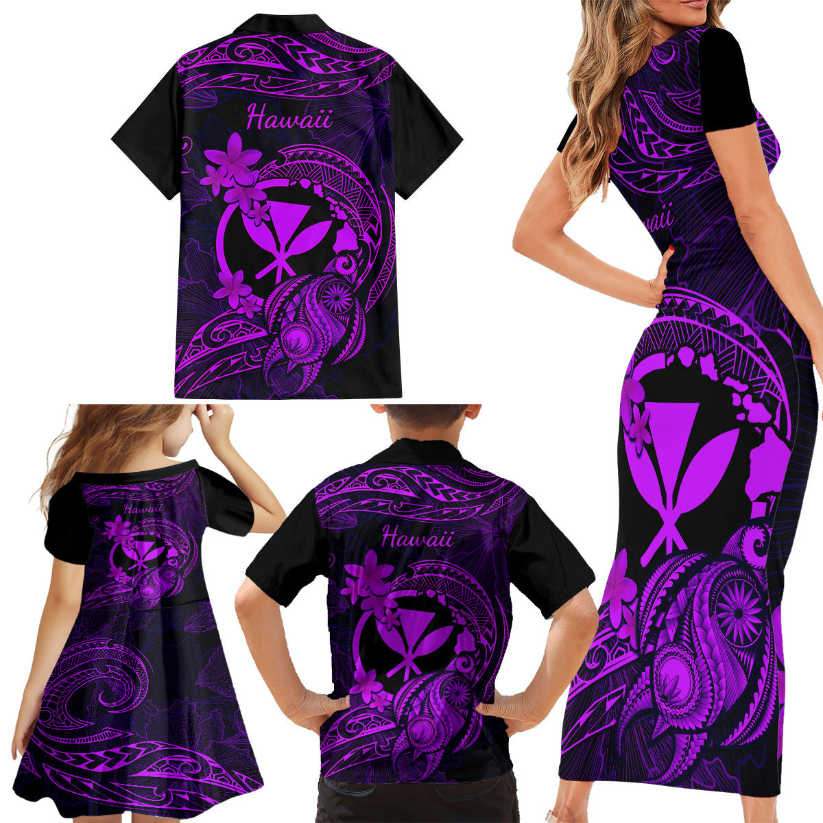 hawaii-family-matching-short-sleeve-bodycon-dress-and-hawaiian-shirt-turtle-mix-polynesian-plumeria-purple-version