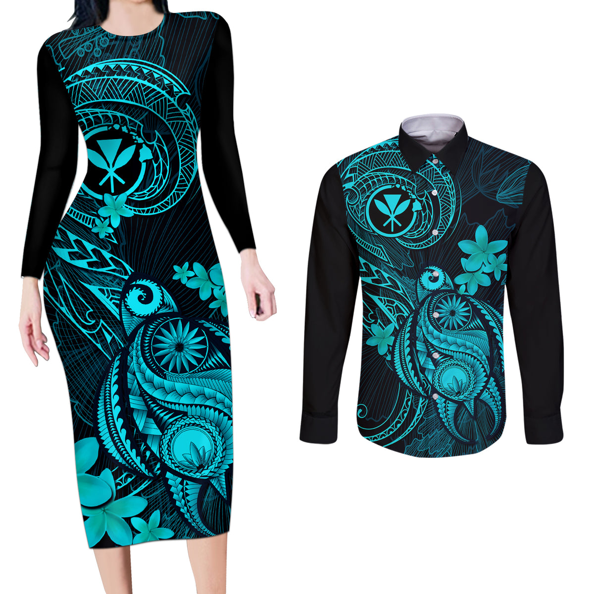 Hawaii Couples Matching Long Sleeve Bodycon Dress and Long Sleeve Button Shirts Turtle Mix Polynesian Plumeria Turquoise Version LT14 Turquoise - Polynesian Pride