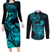 Hawaii Couples Matching Long Sleeve Bodycon Dress and Long Sleeve Button Shirts Turtle Mix Polynesian Plumeria Turquoise Version LT14 Turquoise - Polynesian Pride