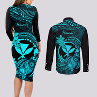 Hawaii Couples Matching Long Sleeve Bodycon Dress and Long Sleeve Button Shirts Turtle Mix Polynesian Plumeria Turquoise Version LT14 - Polynesian Pride