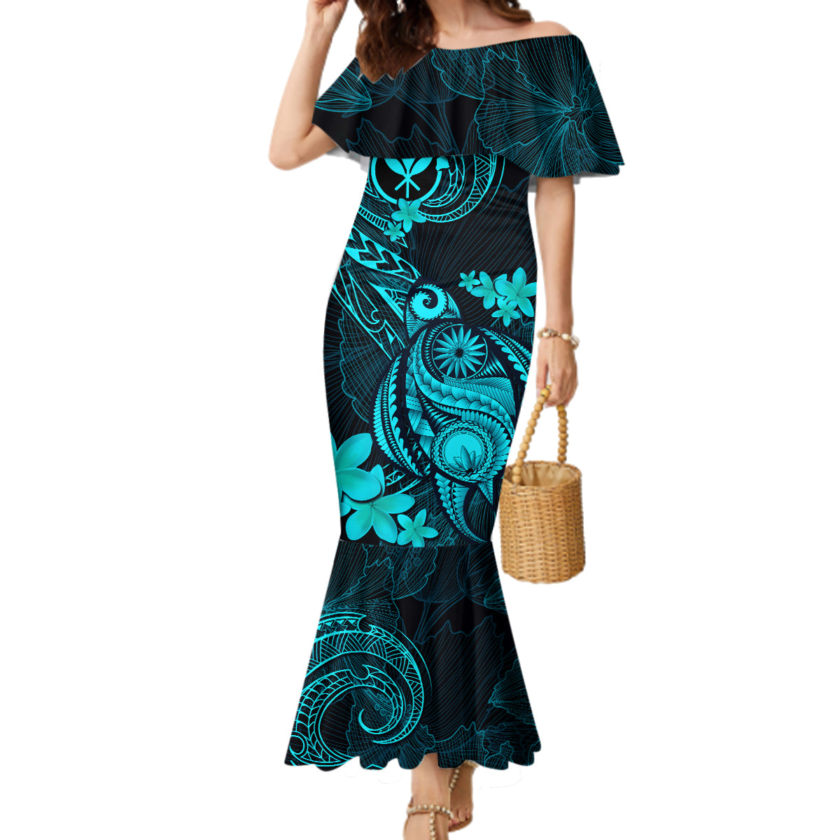 hawaii-family-matching-mermaid-dress-and-hawaiian-shirt-turtle-mix-polynesian-plumeria-turquoise-version