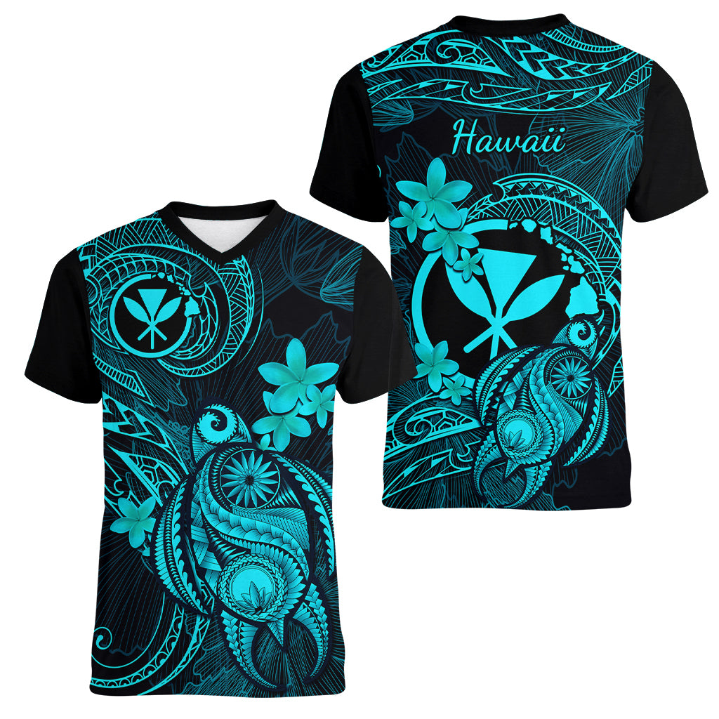 hawaii-women-v-neck-t-shirt-turtle-mix-polynesian-plumeria-turquoise-version