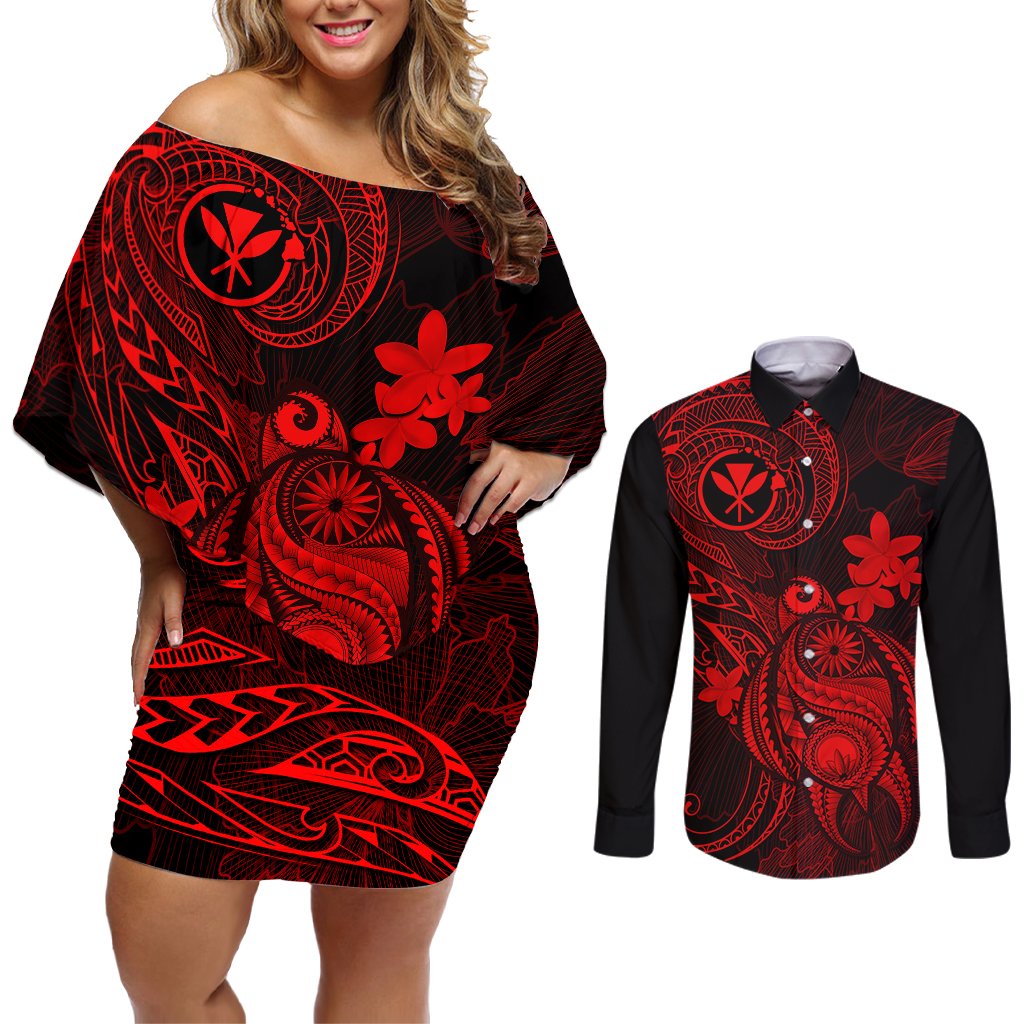 hawaii-couples-matching-off-shoulder-short-dress-and-long-sleeve-button-shirts-turtle-mix-polynesian-plumeria-red-version