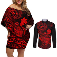 hawaii-couples-matching-off-shoulder-short-dress-and-long-sleeve-button-shirts-turtle-mix-polynesian-plumeria-red-version