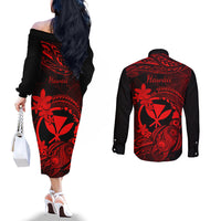 hawaii-couples-matching-off-the-shoulder-long-sleeve-dress-and-long-sleeve-button-shirts-turtle-mix-polynesian-plumeria-red-version